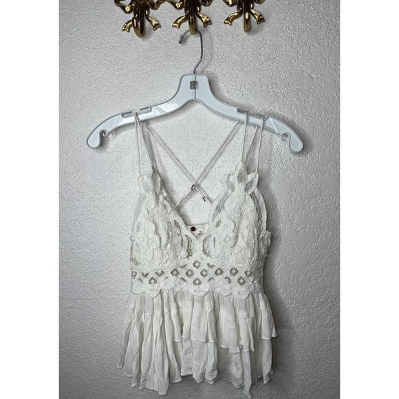 Free People Tops - Free People Lace Top With Ruffles Spaghetti Straps White Crop Tank Small W